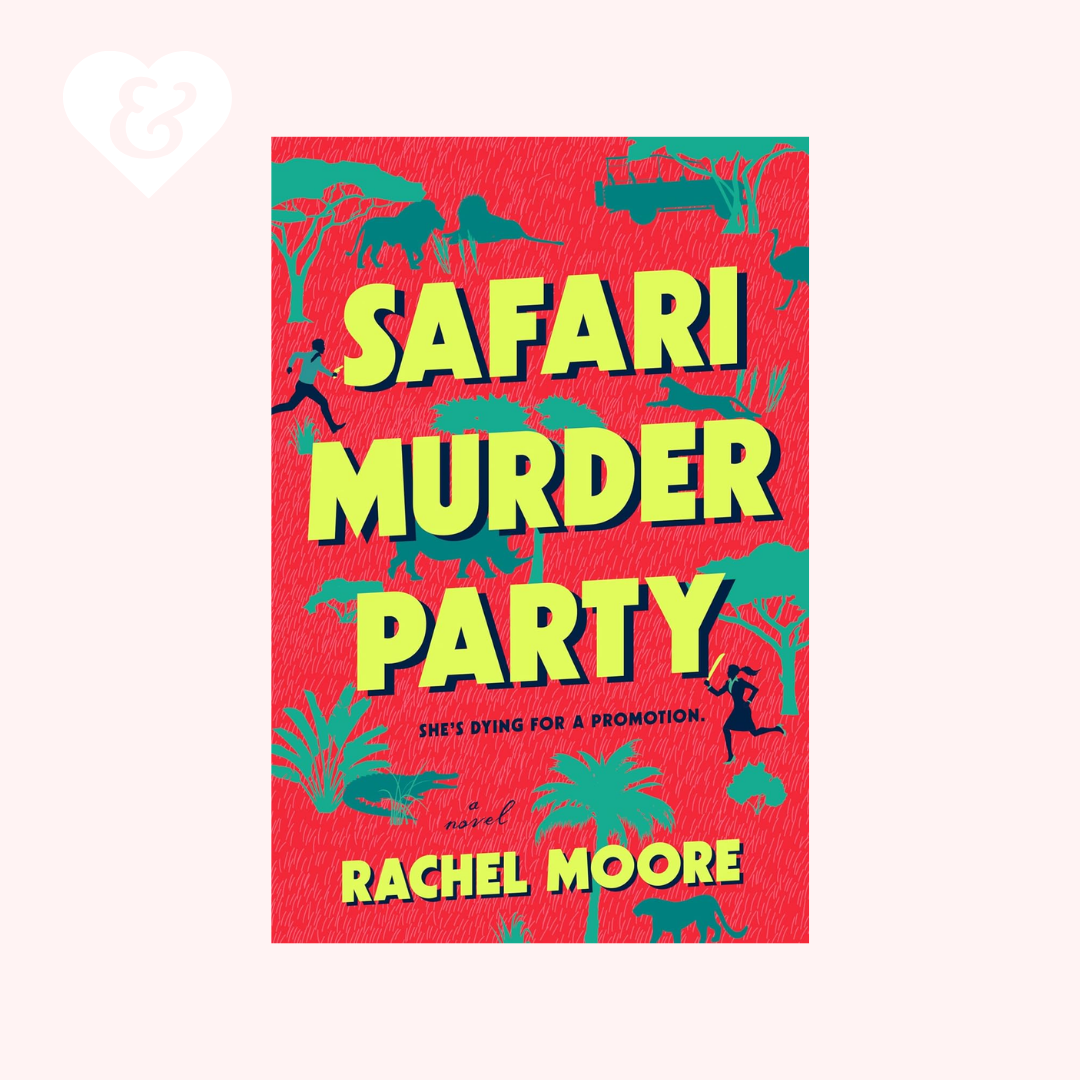 Book cover of 'Safari Murder Party' by Rachel Moore with colorful text and illustrations on a red background.