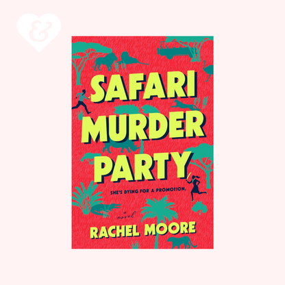 Book cover of 'Safari Murder Party' by Rachel Moore with colorful text and illustrations on a red background.