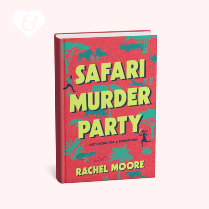 Book cover of 'Safari Murder Party' by Rachel Moore with colorful illustrations on a red background.