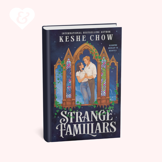 Book cover of 'Strange Familiars' by Keshe Chow with a couple in front of stained glass windows on a blue background.