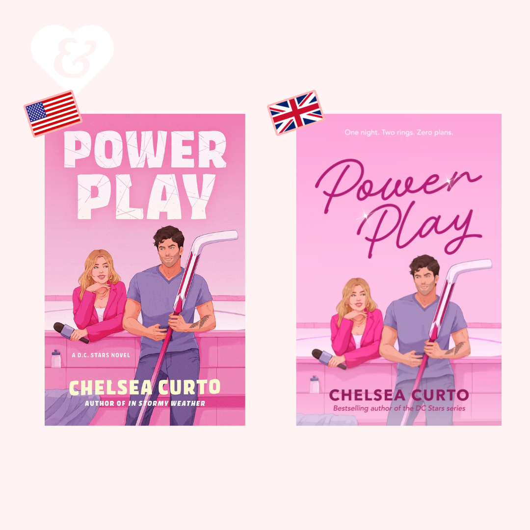 Two book covers of 'Power Play' by Chelsea Curto on a pink background with American and British flags.