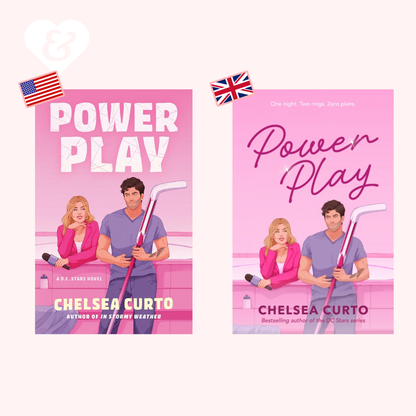 Two book covers of 'Power Play' by Chelsea Curto on a pink background with American and British flags.