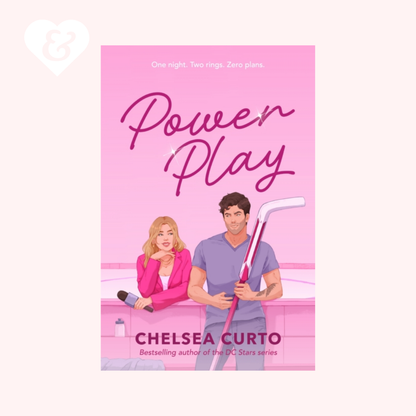Book cover of 'Power Play' by Chelsea Curto with a pink background and illustrations of two people.