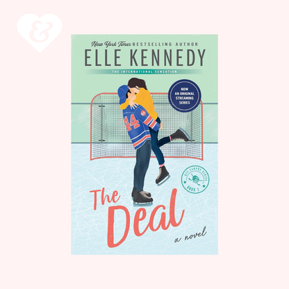 Book cover of 'The Deal' by Elle Kennedy with a character near a hockey net.