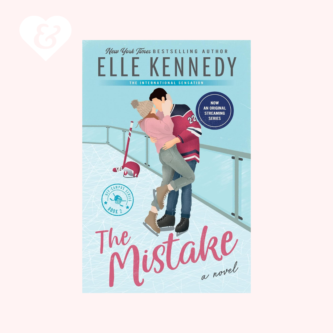 Book cover of 'The Mistake' by Elle Kennedy with a couple embracing on a bridge.