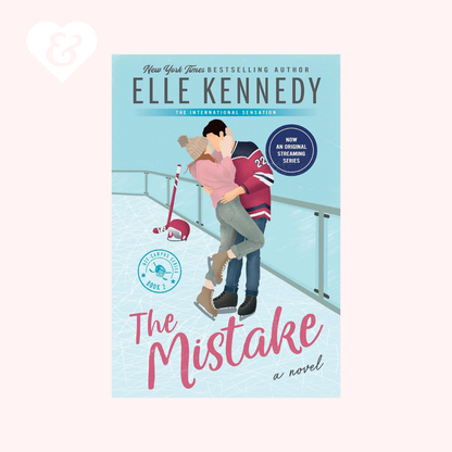 Book cover of 'The Mistake' by Elle Kennedy with a couple embracing on a bridge.