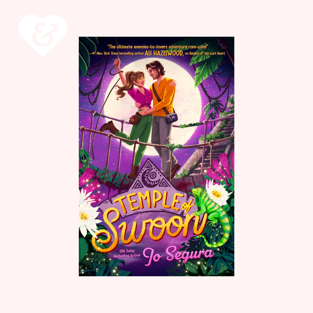 Book cover of 'Temple of Swoon' with a couple embracing on a bridge in a jungle setting.