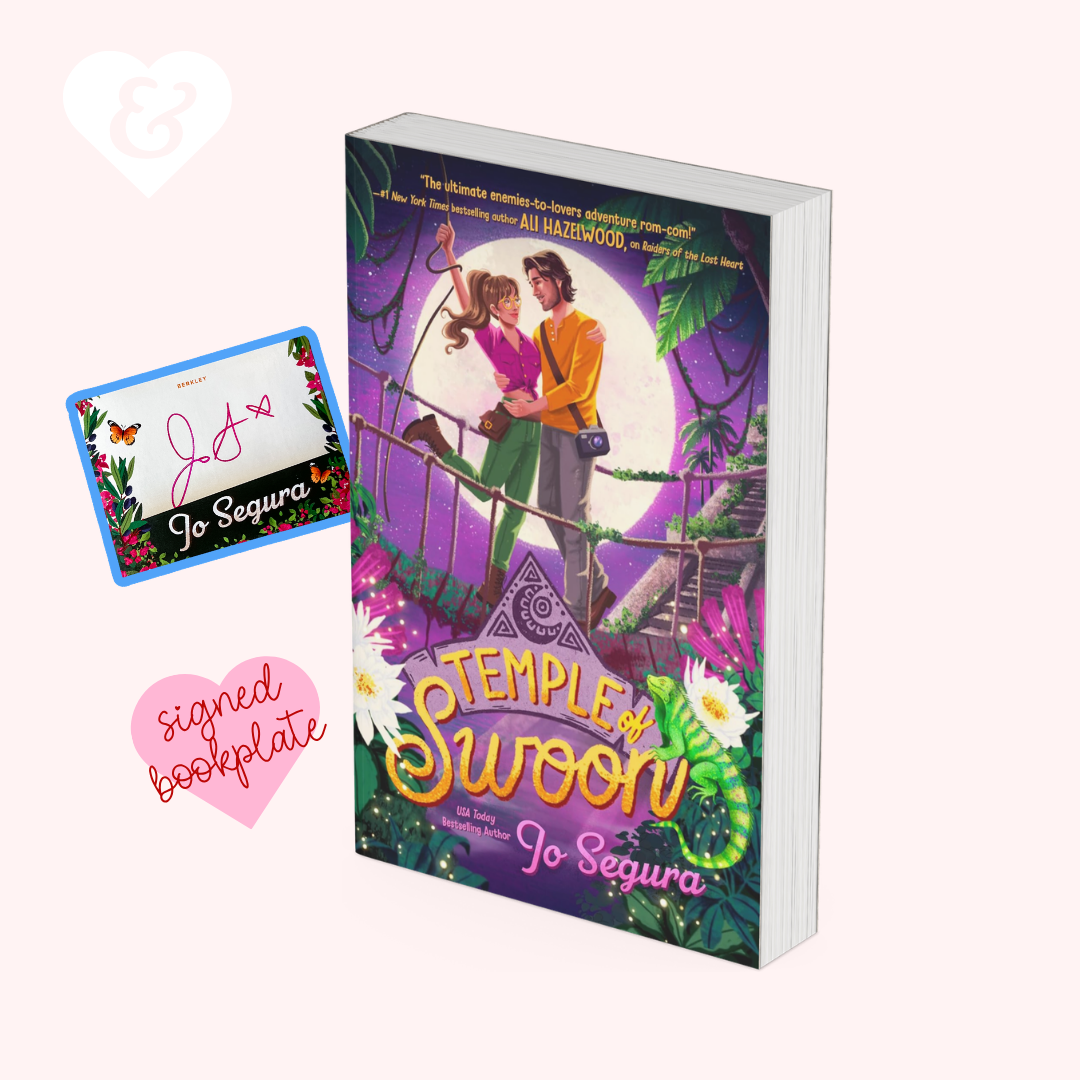 Book titled 'Temple of Swoon' by Jo Segura with a signed bookplate and colorful cover design.