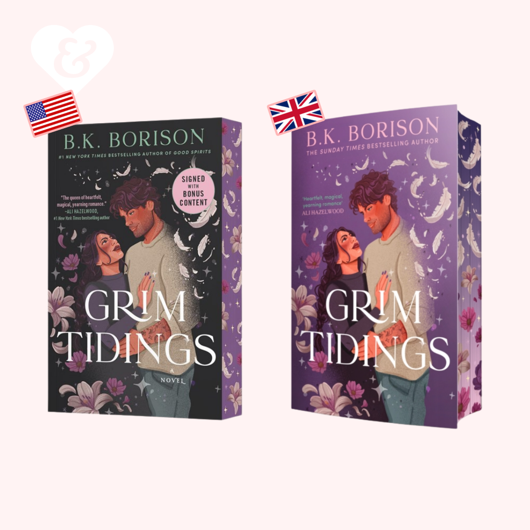 The cover of "Grim Tidings" by BK Borison showing a couple embracing with flowers and feathers around them