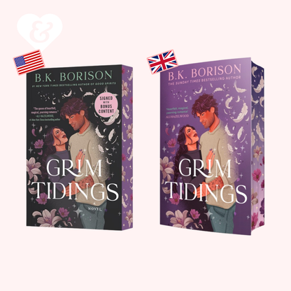 The cover of "Grim Tidings" by BK Borison showing a couple embracing with flowers and feathers around them
