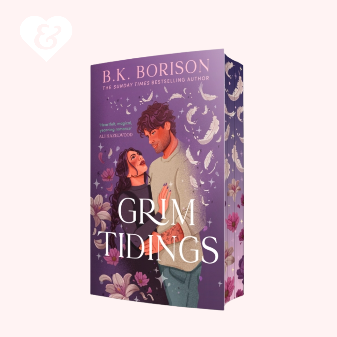 The cover of "Grim Tidings" by BK Borison showing a couple embracing with flowers and feathers around them