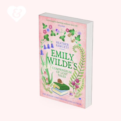 Book titled 'Emily Wilde's Compendium of Lost Tales' with a pink cover featuring illustrations on a white background.