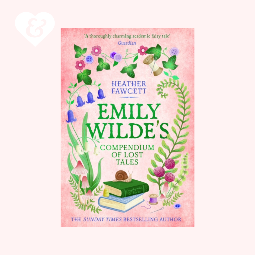 Book cover of 'Emily Wilde's Compendium of Lost Tales' by Heather Fawcett with floral and book illustrations on a pink background.