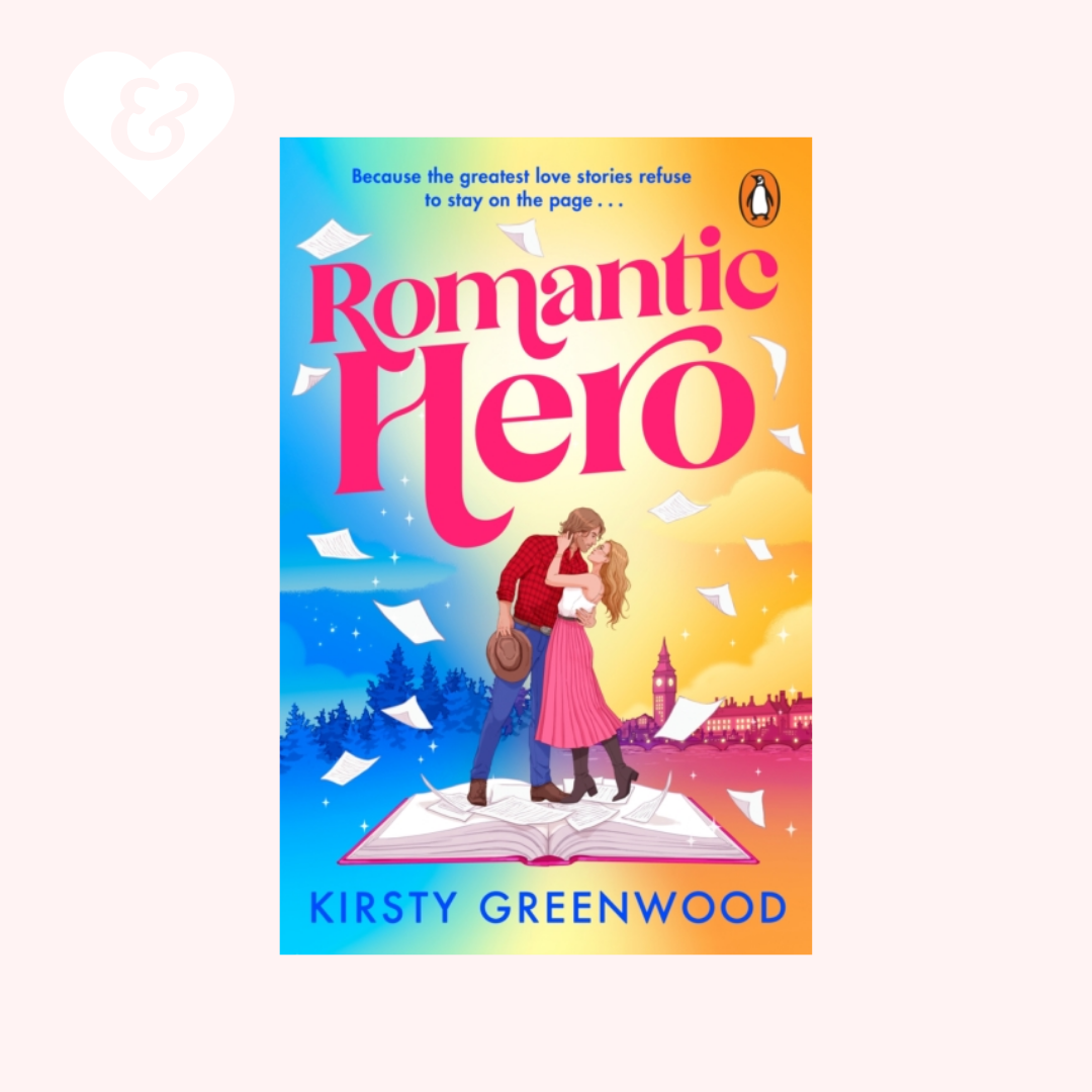 Book cover of 'Romantic Hero' by Kirsty Greenwood with a colorful design and couple on an open book.