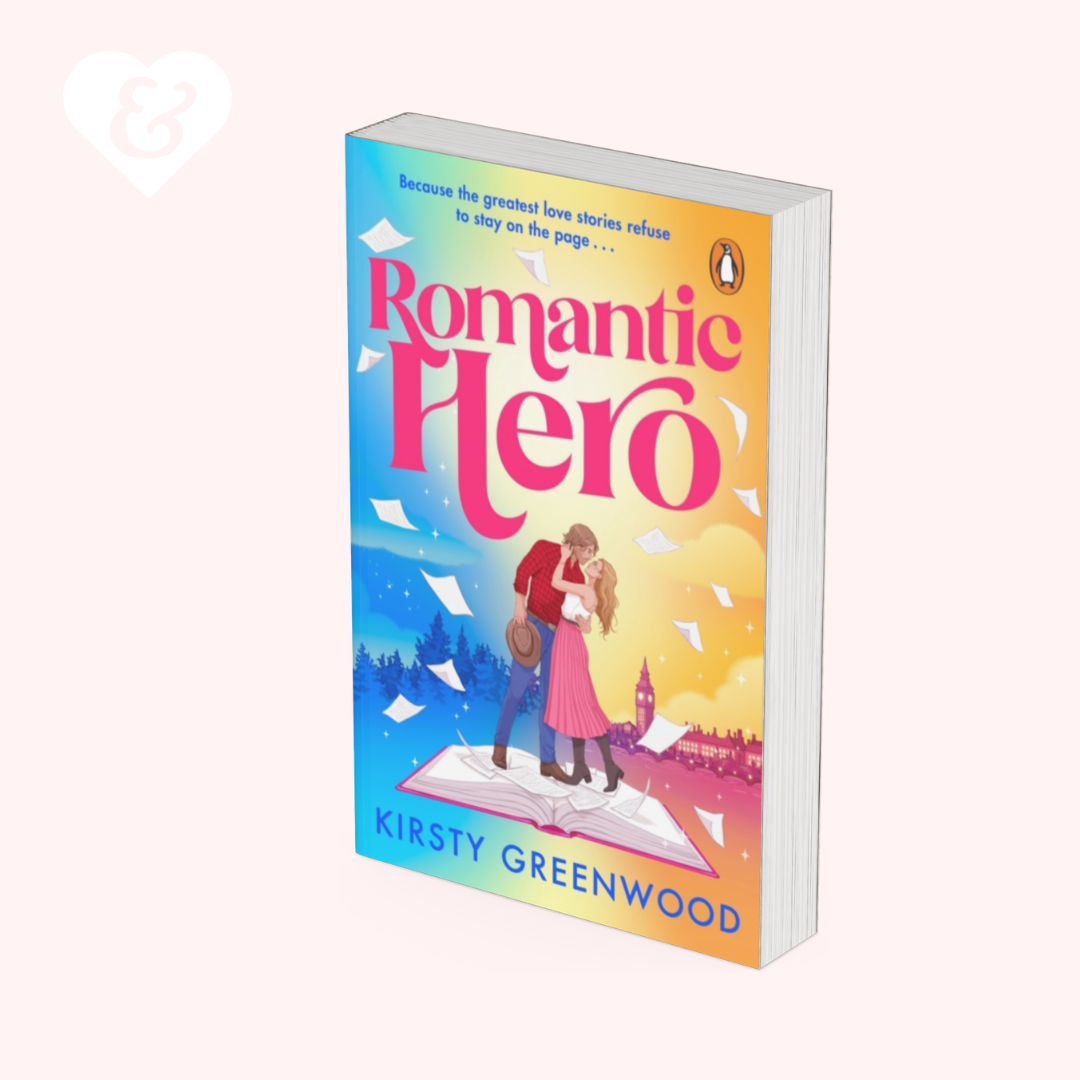 Book titled 'Romantic Hero' by Kirsty Greenwood with a colorful cover featuring a couple and castle.