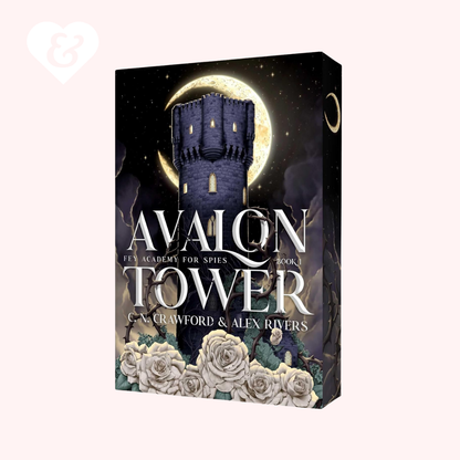 Book cover of 'Avalon Tower' with a castle and moon design on a dark background