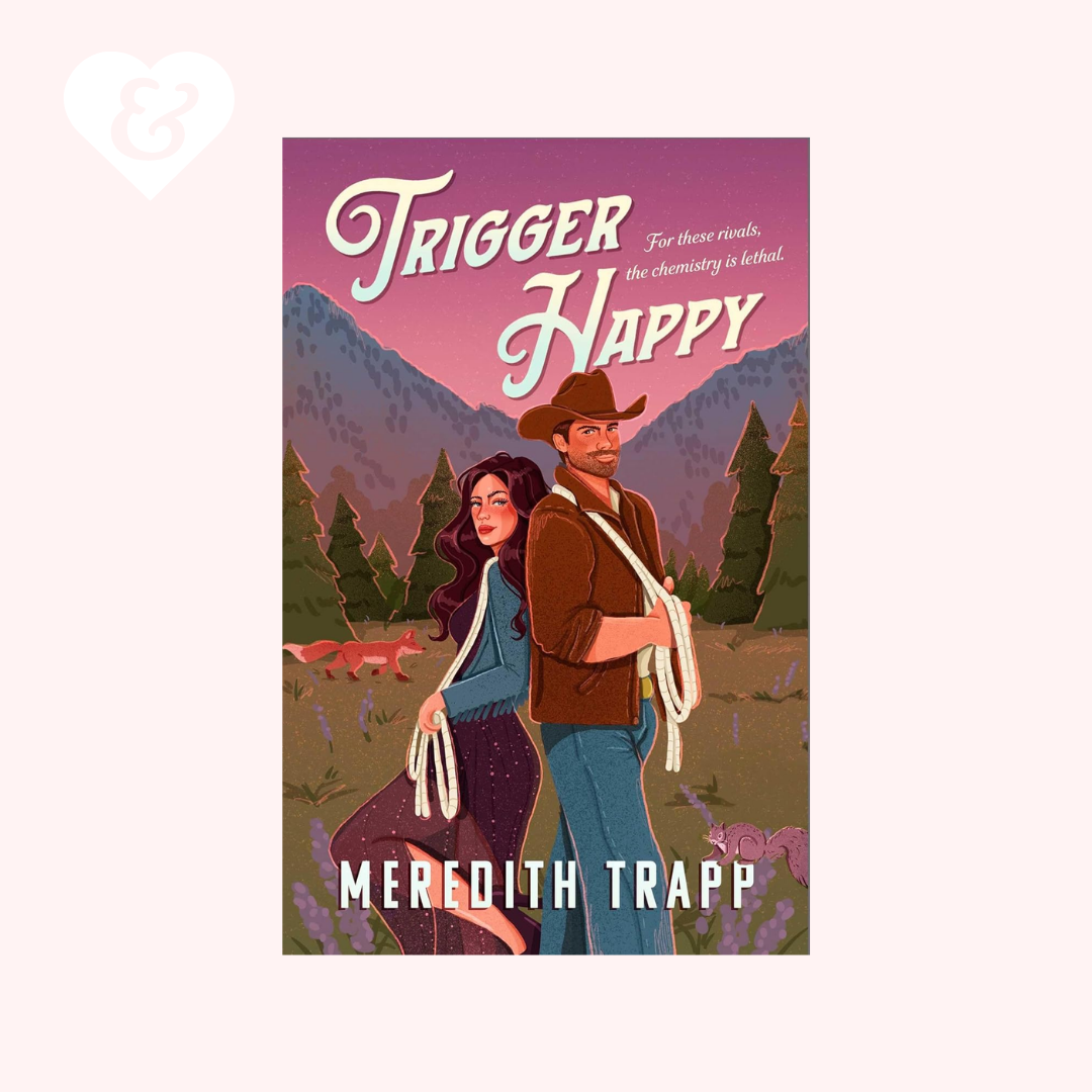 Book cover of 'Trigger Happy' by Meredith Trapp with a couple in a mountainous landscape.