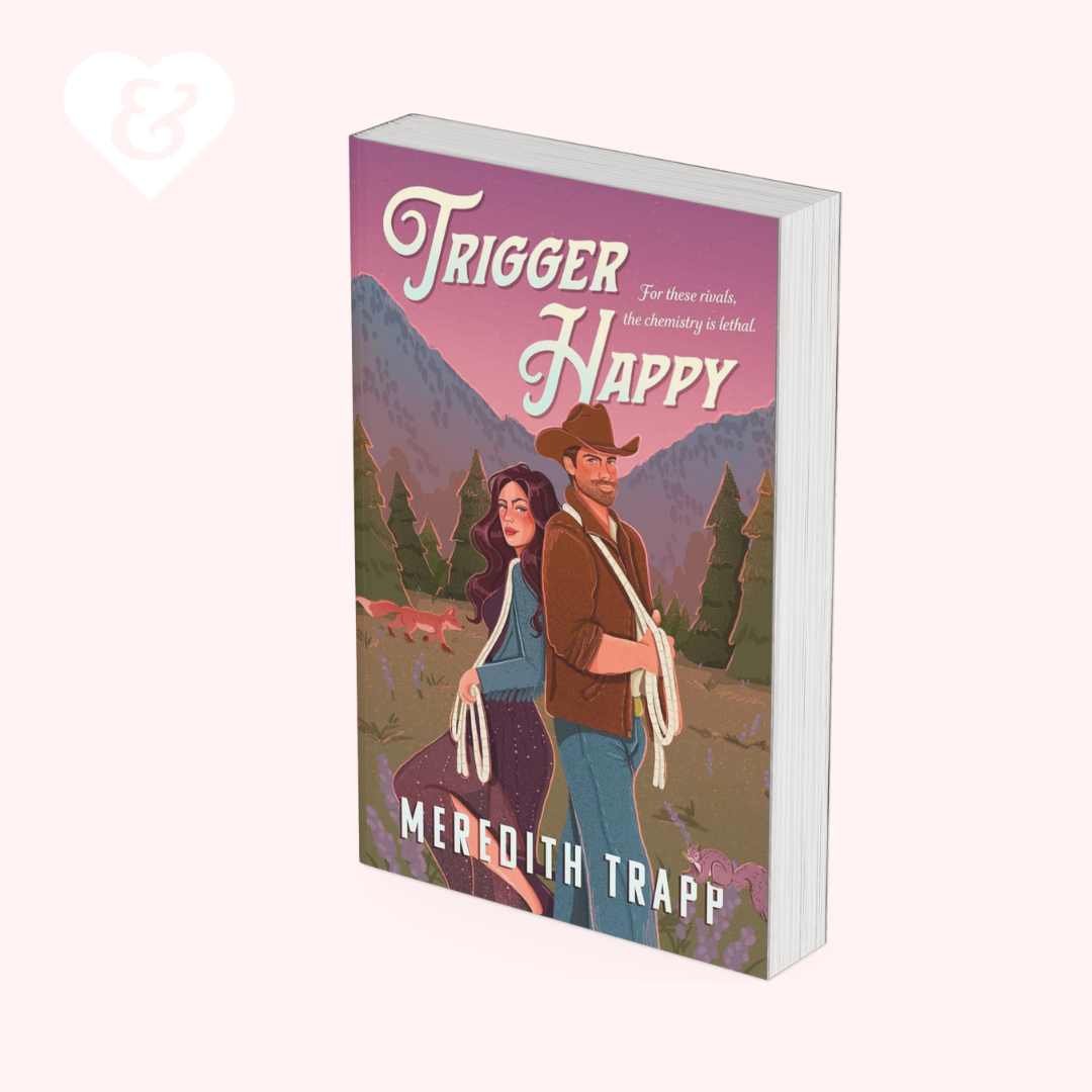 Book cover of 'Trigger Happy' by Meredith Trapp with a couple in a mountainous landscape.