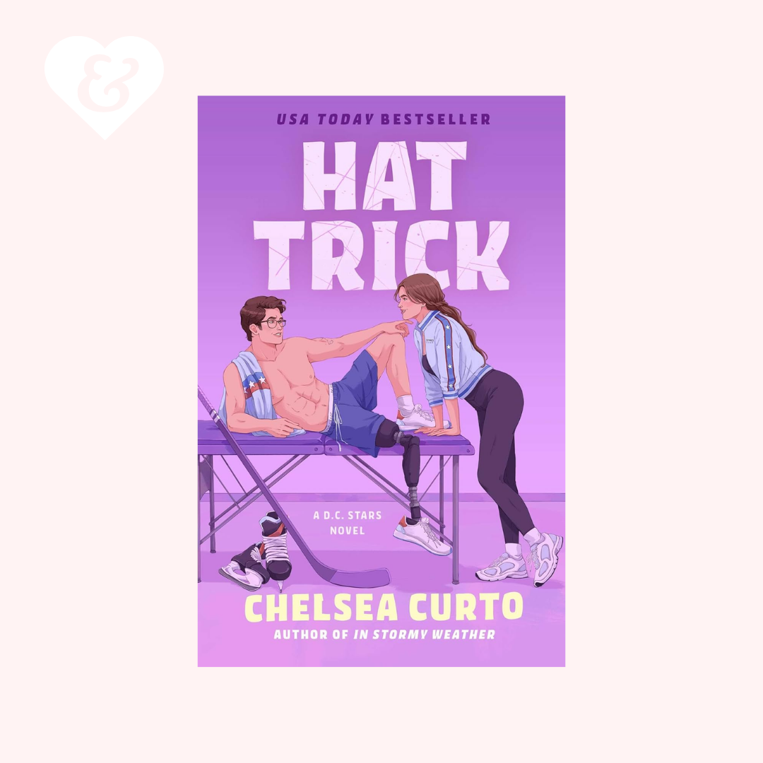 Book cover of 'Hat Trick' by Chelsea Curto with illustration of two people on a bench.