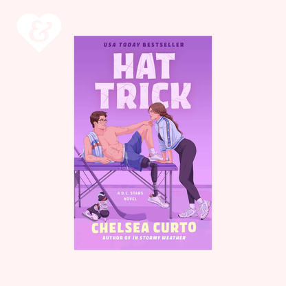 Book cover of 'Hat Trick' by Chelsea Curto with illustration of two people on a bench.