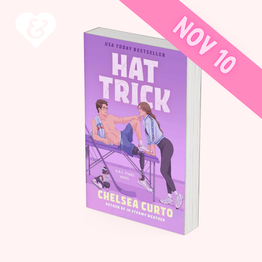 Book cover of 'Hat Trick' by Chelsea Curto with a purple background and illustration of two people on a bed.