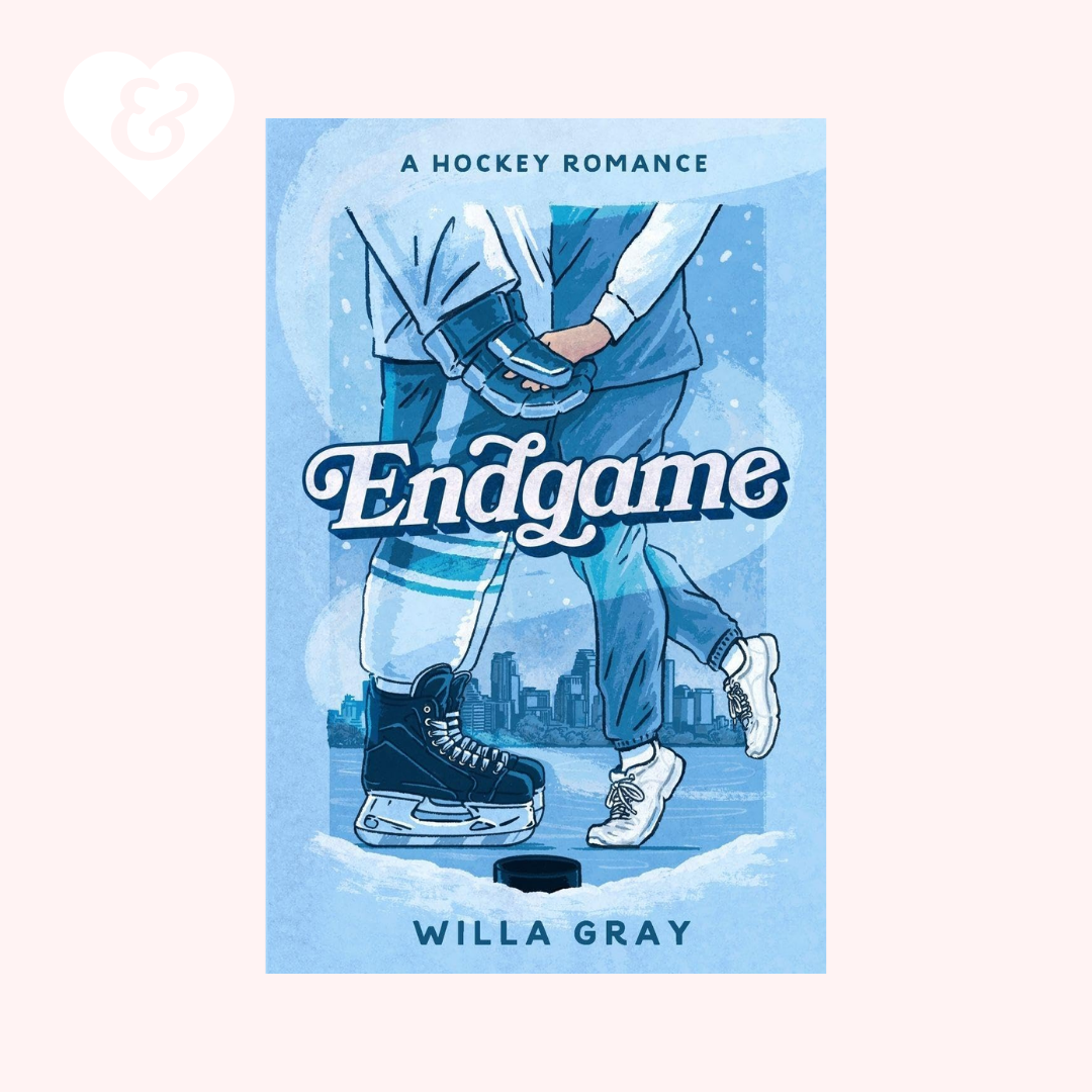 Book cover of 'Endgame' by Willa Gray featuring two people holding hockey skates on a blue background.