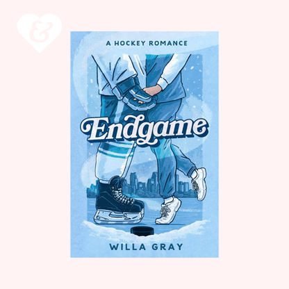 Book cover of 'Endgame' by Willa Gray featuring two people holding hockey skates on a blue background.
