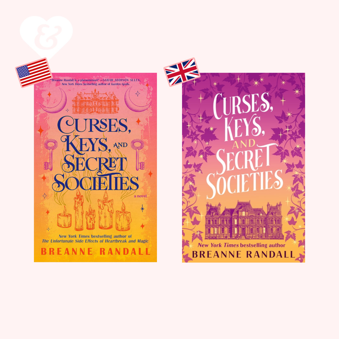 Two book covers of 'Curses, Keys, and Secret Societies' by Breanne Randall with American and British flags on a white background.