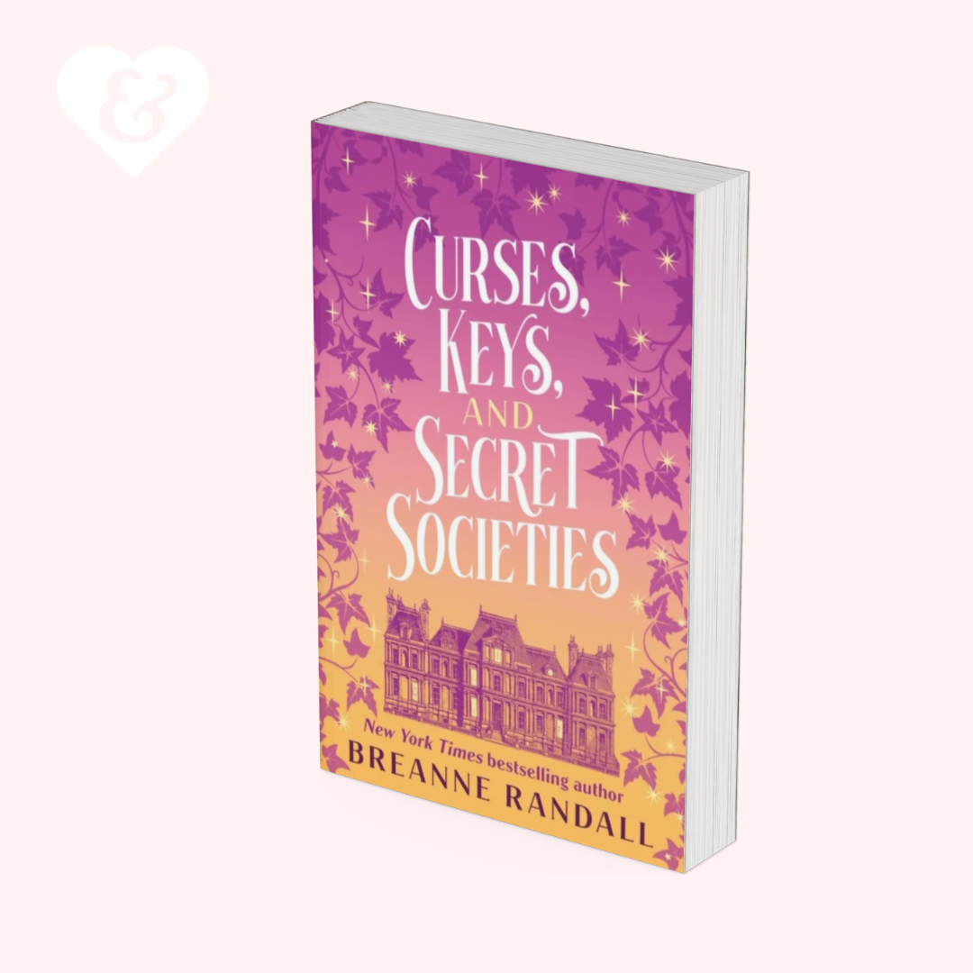 Book titled 'Curses, Keys, and Secret Societies' by Breanne Randall with a purple and pink cover on a white background.