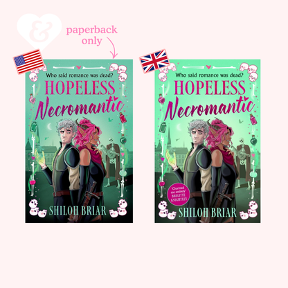 Two copies of 'Hopeless Necromantic' by Shiloh Briar with a green background and character illustration.