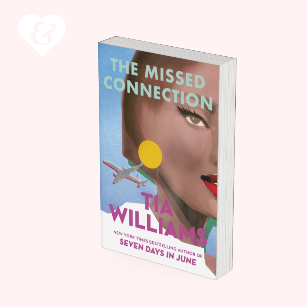 Book cover of 'The Missed Connection' by Tia Williams with a stylized face and airplane on a white background
