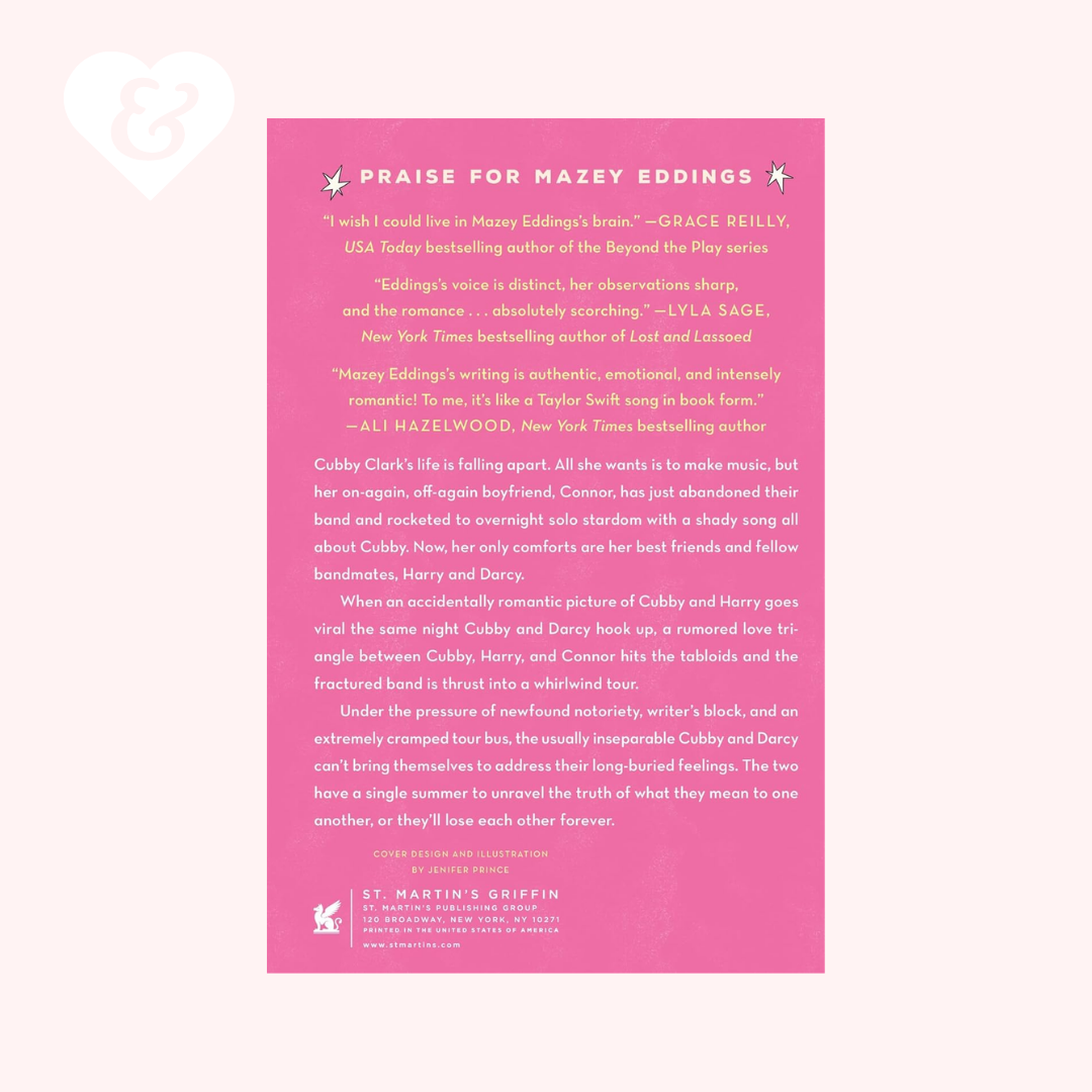 Pink book page with text praising Mazey Eddings on a white background