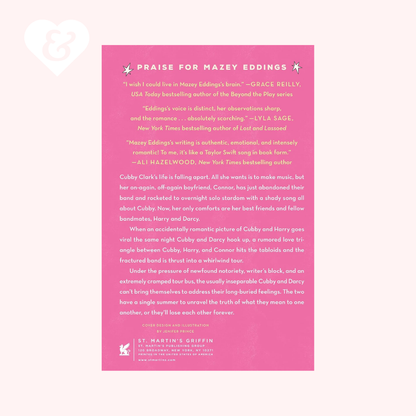 Pink book page with text praising Mazey Eddings on a white background