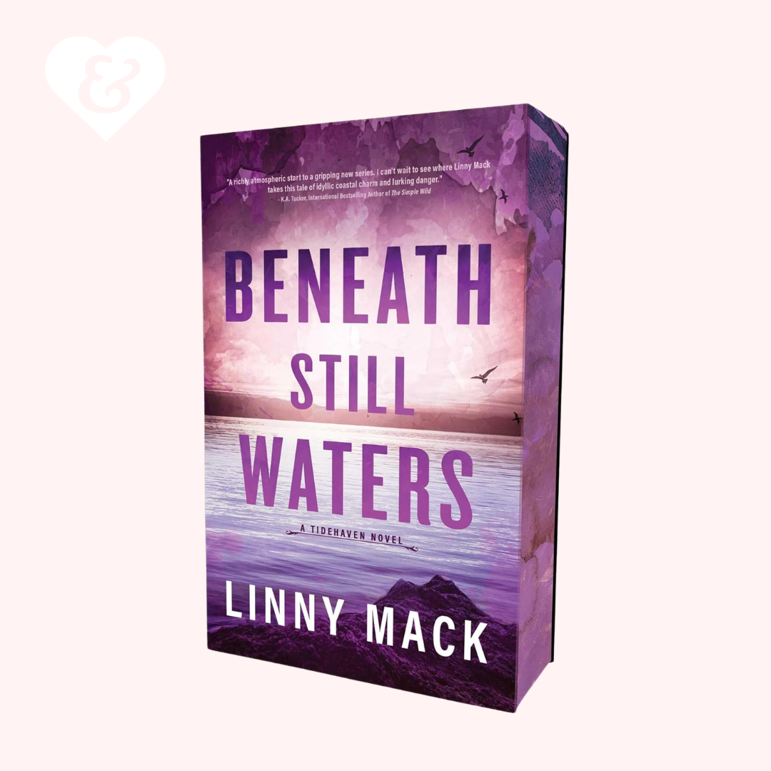 Book cover of 'Beneath Still Waters' by Linny Mack with a purple and pink color scheme.