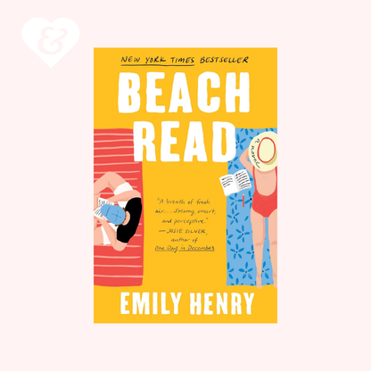 Book cover of 'Beach Read' by Emily Henry with illustrations of people reading on a yellow background.