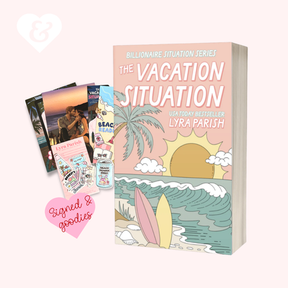 Book titled 'The Vacation Situation' by Lyra Parish with promotional items on a white background