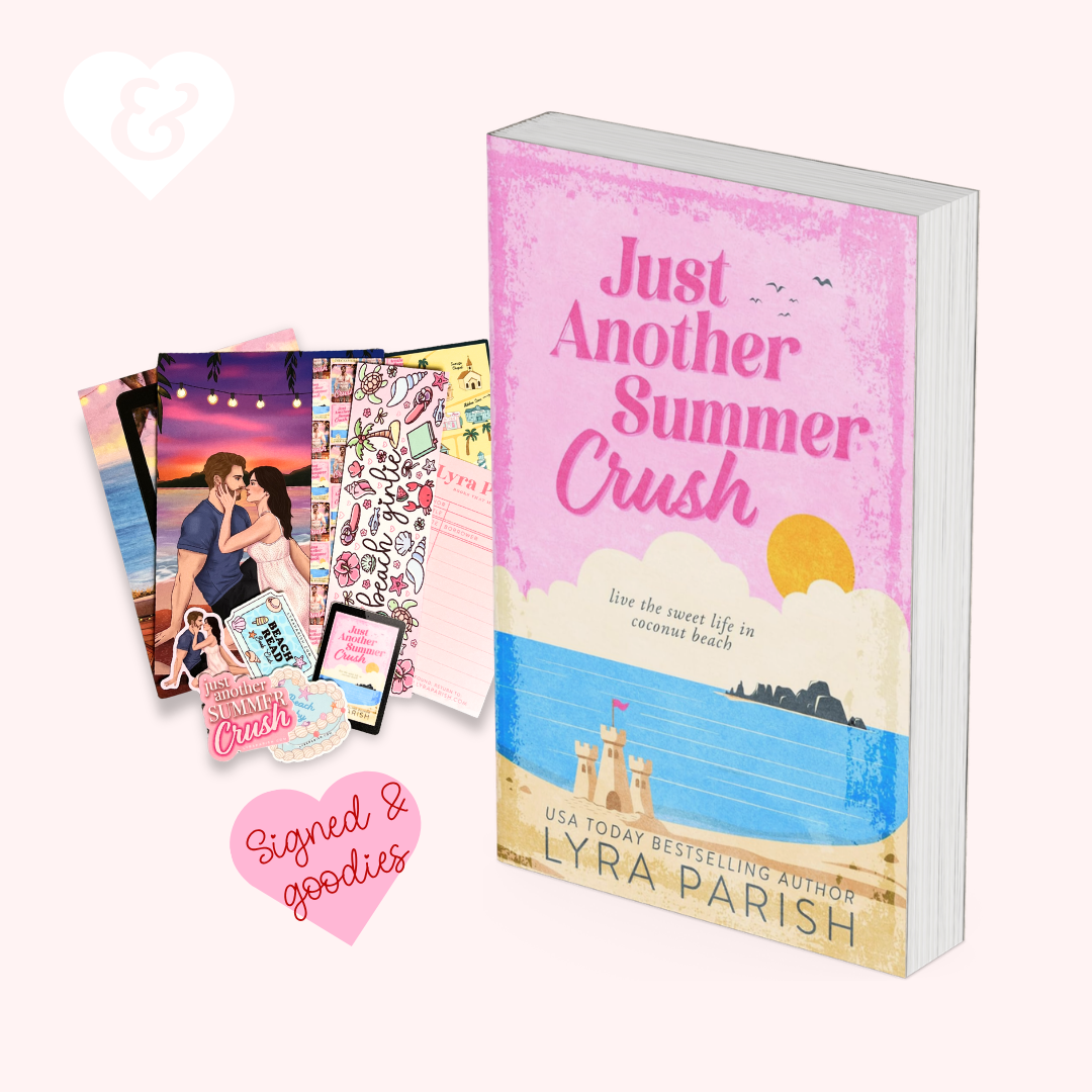 Book titled 'Just Another Summer Crush' by Lyra Parish with promotional items on a white background