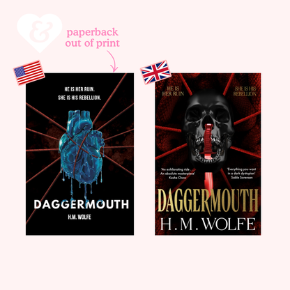 Two book covers of 'Daggemouth' by H.M. Wolfe with American and British flags indicating availability.
