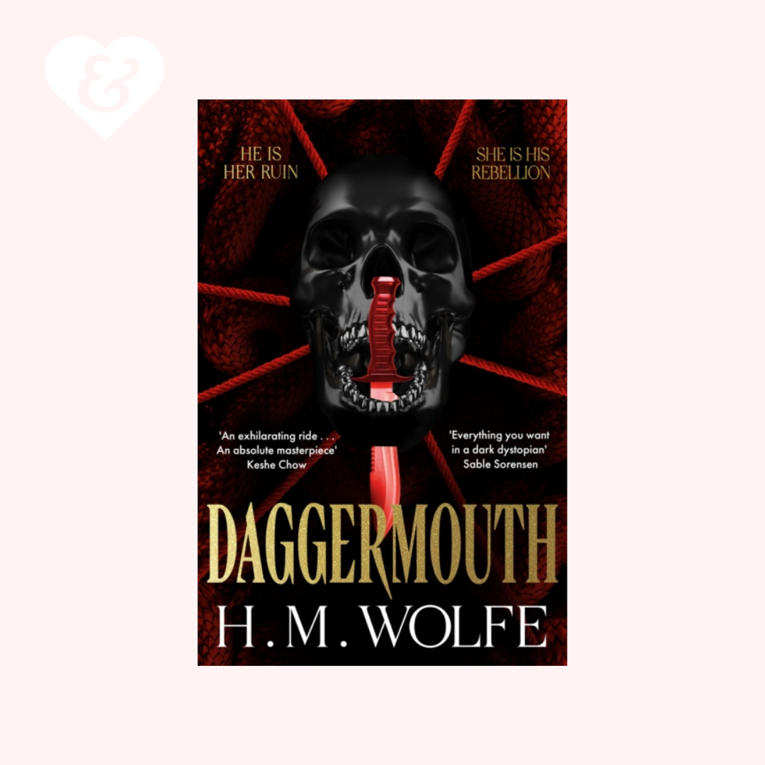 Book cover of 'Daggersmouth' by H.M. Wolfe featuring a skull with red interior on a black background.