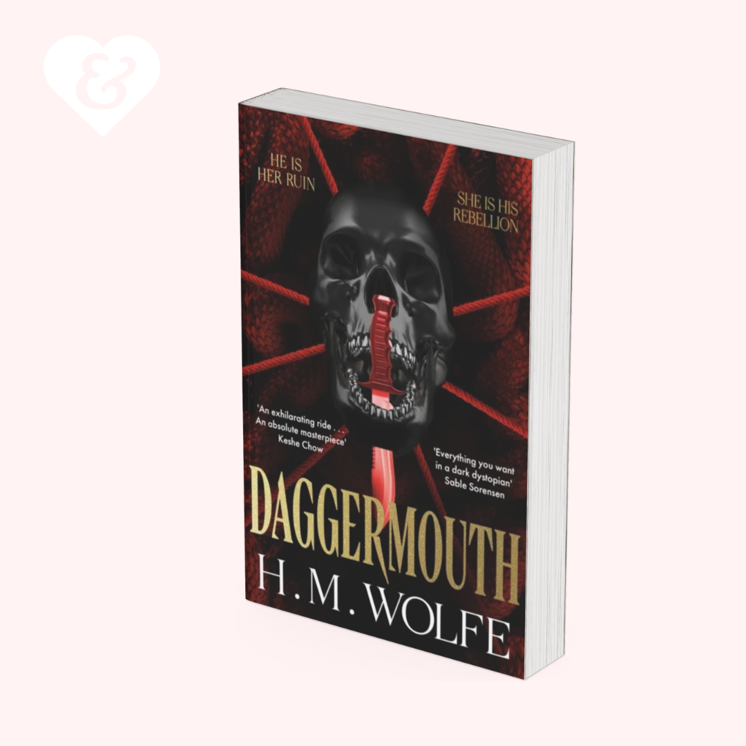 Book cover of 'Daggersmouth' by H.M. Wolfe with a skull and red accents on a white background