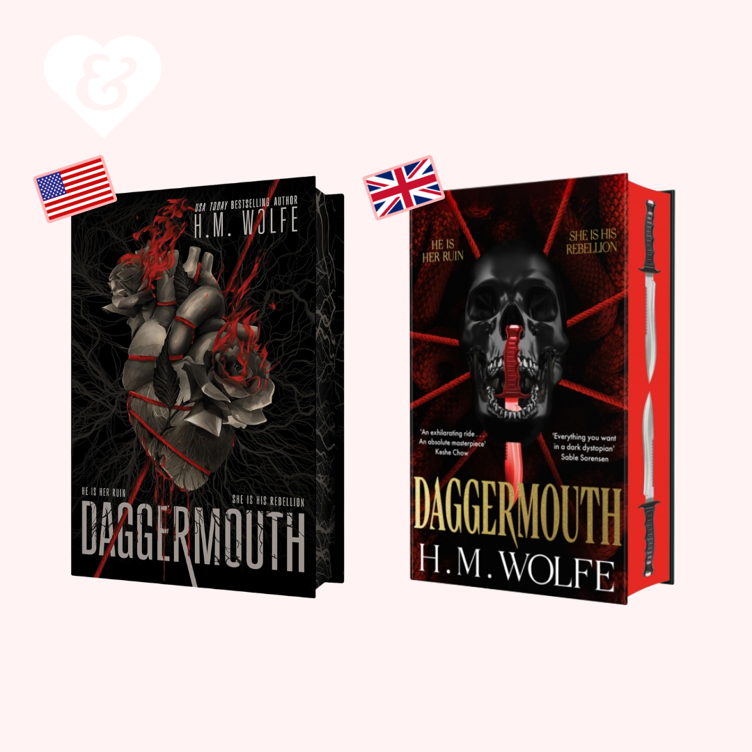 Two book covers of 'Daggermouth' by H.M. Wolfe with American and British flags on a white background.