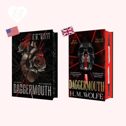 Two book covers of 'Daggermouth' by H.M. Wolfe with American and British flags on a white background.