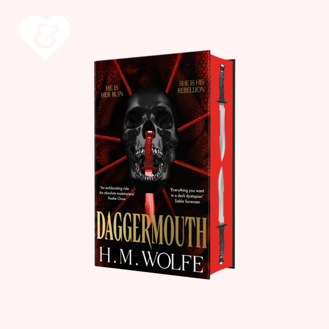 Book cover of 'Daggermouth' by H.M. Wolfe with a skull and sword design on a white background