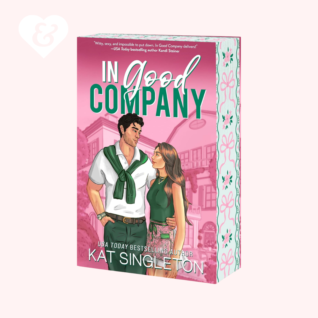 Book cover of 'In Good Company' by Kat Singleton with a pink background and characters in green outfits.