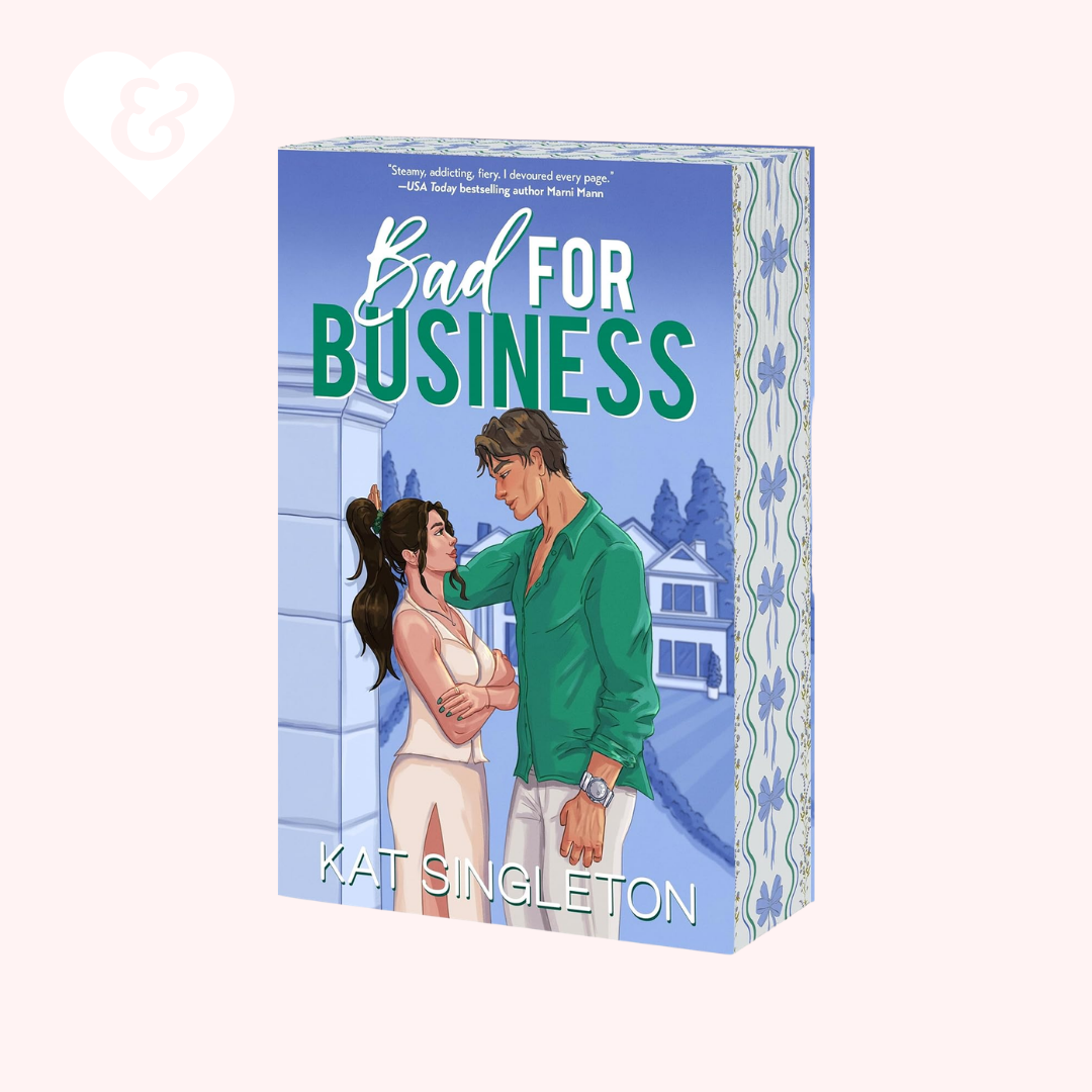 Book cover of 'Bad for Business' by Kat Singleton with a couple embracing against a blue background.