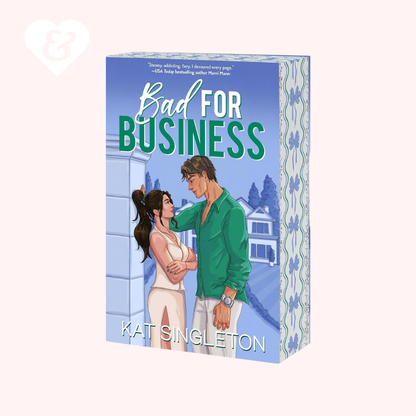 Book cover of 'Bad for Business' by Kat Singleton with a couple embracing against a blue background.