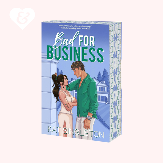 Book cover of 'Bad for Business' by Kat Singleton with a couple embracing against a blue background.