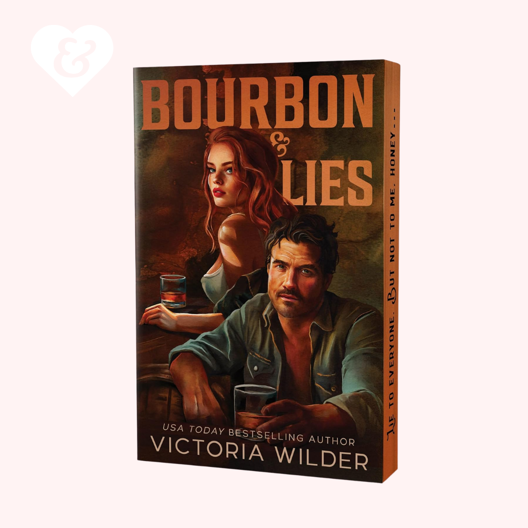 Book cover of 'Bourbon & Lies' featuring a man and woman with drinks, on a white background.