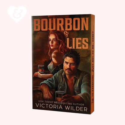 Book cover of 'Bourbon & Lies' featuring a man and woman with drinks, on a white background.