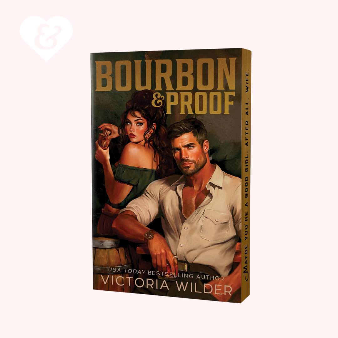 Book cover of 'Bourbon & Proof' featuring a man and woman with a barrel.